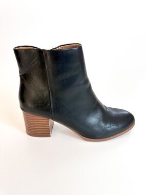 J Crew Chelsea Women's Black Leather Pull On Ankle Boots Block Heel Size 9